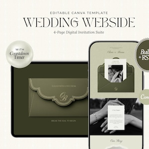 May include: An editable Canva template for a 4-page digital wedding website invitation suite. The design features a dark olive green envelope with a scalloped flap and gold monogram, displayed on a tablet and smartphone screen with RSVP and countdown.