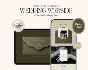 Modèle de site web de mariage vert olive avec RSVP, invitation numérique minimaliste Canva