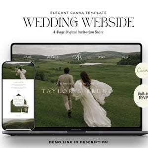 Puede incluir: Una plantilla de sitio web de bodas digital mostrada en una pantalla de portátil y smartphone. El diseño presenta una foto de paisaje de una pareja en un campo verde, con el texto ELEGANT CANVA TEMPLATE, WEDDING WEBSITE, 4-PAGE DIGITAL INVITATION SUITE.
