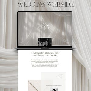 May include: A laptop screen displaying a wedding website template with the text "WEDDING WEBSIDE" and "MADE IN Canva" at the top. The screen shows a monogram "NA" for Naomi and Austin, a black and white photo, and invitation text details.