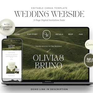 Peut inclure: Un modèle de site web de mariage Canva modifiable comprenant une suite d'invitation numérique de 3 pages. Le design affiche un arrière-plan de paysage vert avec le texte Olivia & Bruno, un compte à rebours et une fonction RSVP intégrée sur ordinateur et téléphone.