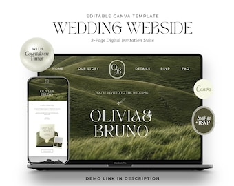 Olive Green Wedding Website Template, Elegant Canva Design, Countdown Timer, RSVP (Digital Download)