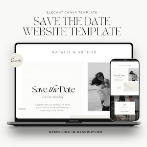 Op de afbeelding: Een digitale websitetemplate voor een trouwuitnodiging weergegeven op een laptop en een smartphone. Het scherm toont de tekst Natalie & Arthur, Save the Date, For Our Wedding en een zwart-witfoto van een koppel op een strand.