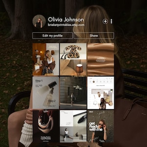 Op de afbeelding: Instagram-profiel met een raster van afbeeldingen in neutrale kleuren. Het profiel is van Olivia Johnson, brieketprintables.etsy.com. Het raster toont mode-, beauty- en lifestyle-content. De teksten "Step 1", "Step 2" en "get ready with me" zijn zichtbaar.