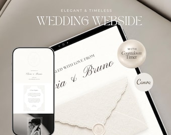 Ivory Lace Wedding Website Template with RSVP, Embossed Monogram Canva Digital Invitation