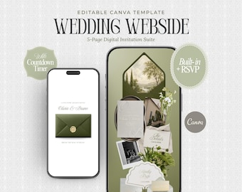 Olive Green Wedding Website Template with RSVP, Editable Canva Invitation (Digital Download)
