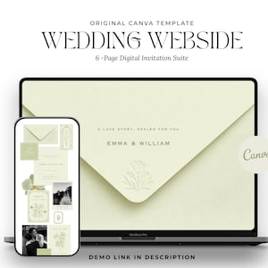 Könnte beinhalten: Eine digitale Hochzeits-Website-Vorlage, die auf einem Laptop- und Smartphone-Bildschirm angezeigt wird. Das Design zeigt eine blassgrüne Farbpalette mit einer Umschlag-Grafik, dem Text "A LOVE STORY, SEALED FOR YOU" und den Namen "EMMA & WILLIAM."