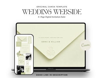 Green Elegant Wedding Website Template, Engagement Photos, Moodboard Design (Canva)