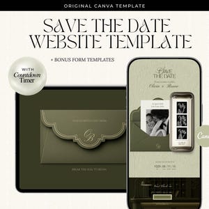 Olive Green Save The Date Website Template with RSVP, Minimalist Canva Digital Invitation