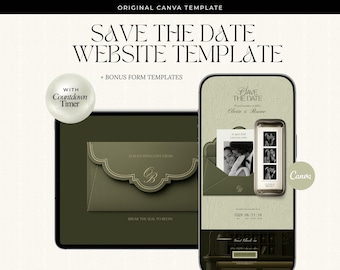 Olive Green Save The Date Website Template with RSVP, Minimalist Canva Digital Invitation