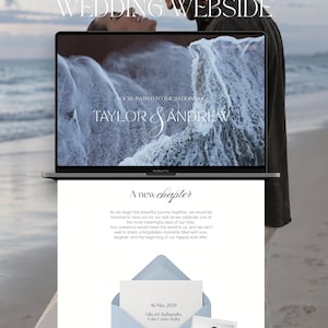 May include: A digital wedding website template displayed on a laptop screen featuring the text ELEGANT CANVA TEMPLATE WEDDING WEBSIDE and YOU'RE INVITED TO THE WEDDING OF TAYLOR & ANDREW. Below, a light blue envelope contains a card with 16 May 2029.
