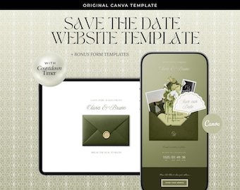 Olive Green Envelope Save The Date Wedding Website Template, Sage Green Garden Canva Digital Invitation