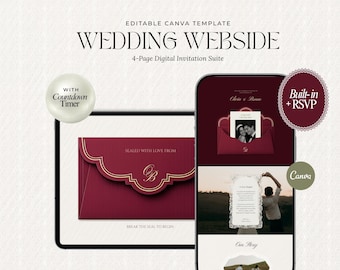 Elegant Burgundy Wedding Website Template, Old Money Canva Digital Invitation, Countdown Timer