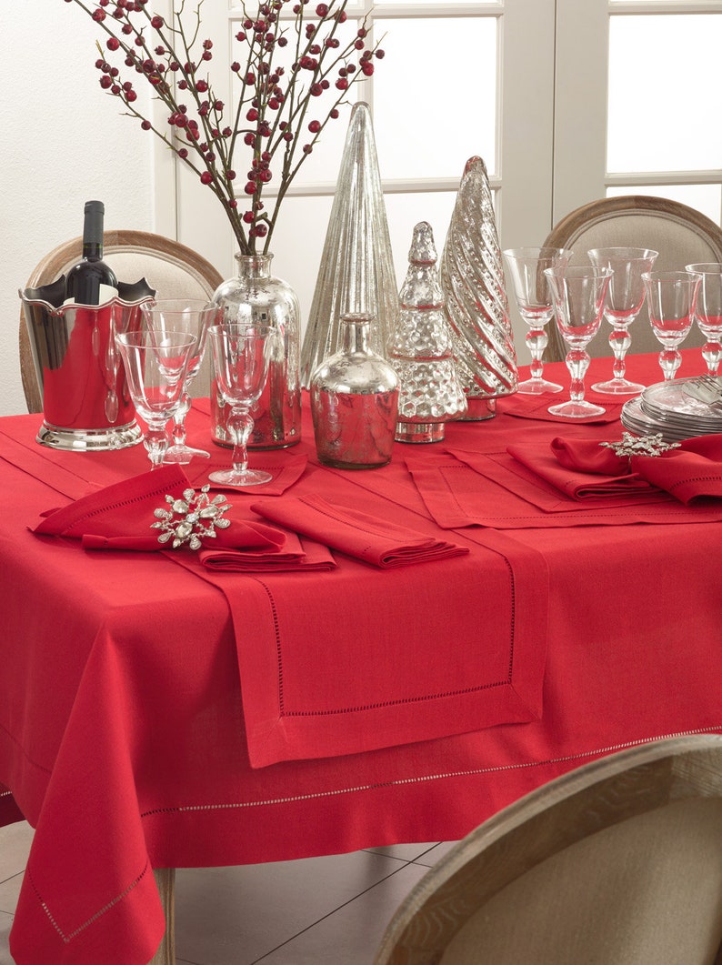 White Red Black or Gray Hemstitched No Iron Tablecloths in Etsy