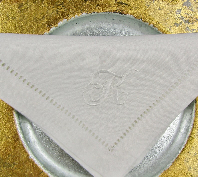 White No Iron White Linen Look Monogrammed Hemstitched Napkins, monogrammed white no iron cloth napkin, monogrammed white wedding napkin image 3