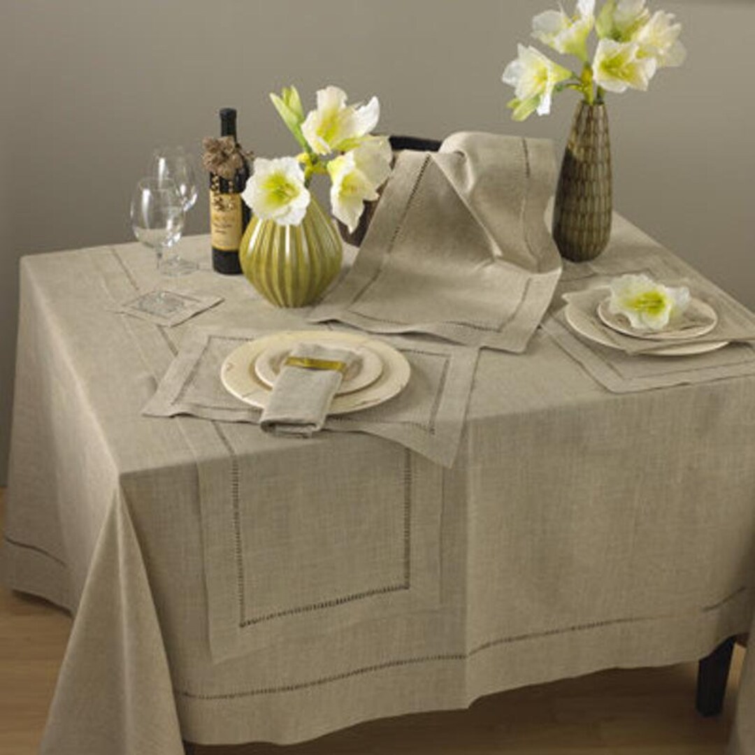 Monogrammed Natural Linen Tablecloths in 9 Sizes, Hemstitched No Iron