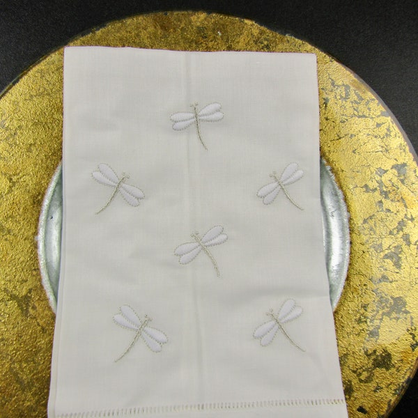 Dragon Fly Embroidered White Linen Guest Towels, custom made just for you, makes a great gift and looks great in the powder room (2)