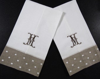 Monogrammed Linen  Guest Towels, polkadot linen guess towels, 2 color monogrammed linen guest towels