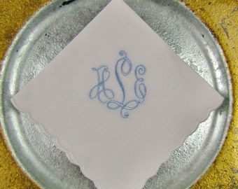 Monogrammed Handkerchief, scalloped satin edge cotton Hankie, Wedding Hanky and  a wonderful gift for Mom