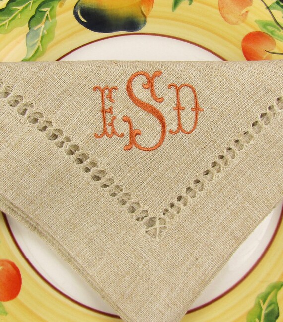 Monogrammed No Iron Linen Napkins, Monogrammed Linen Napkins, Monogrammed  Hemstitched Linen Napkins 