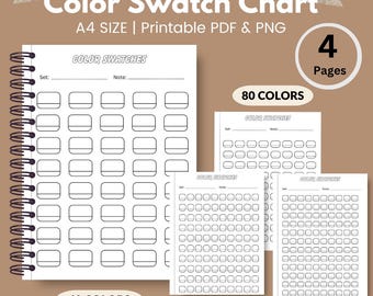 May include: A color swatch chart with the text "Color Swatch Chart" and "A4 SIZE | Printable PDF & PNG". The chart includes a spiral-bound notebook and several loose sheets with color swatch boxes. The chart offers 40, 80, 100, and 120 colors.