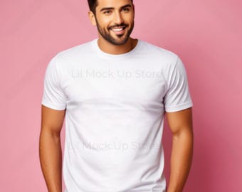 Male Bella Canvas 3001 White Mockup, Bella Canvas 3001 White Mock ups, Model Mocks White 3001, 3001 White T-Shirt Mockups, White Shirt Mock