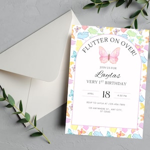 Convite de 1º Aniversário de Borboleta – Modelo Editável do Canva | Convite para Festa no Jardim - Edição Vitalícia em PDF