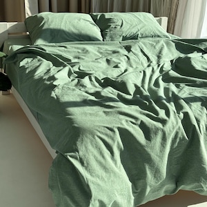 Sage Green 4pc Bedding Set 100% Cotton Duvet Cover with Classic Pillow Cases and Bed Sheets, Fitted Or Flat Sheet, Organic Custom Bedding