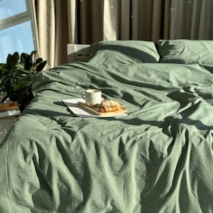 Green Bedding Set Queen Twin Bed Size, Cotton Duvet Cover with Pillowcases, Organic Cotton Sheets, Custom Size Bed Sheets, Gift for Couples
