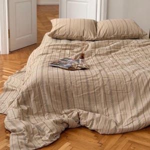 Organic Flax Linen Bed Sheet Set and 2 Pillowcases, Striped Fitted & Flat Sheets with Deep Pocket Queen, King, Full and Custom