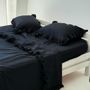 Black Cotton Ruffle Duvet Cover with Bed Sheet and Ruffled Pillowcase, Organic Bedding Set - 4 Pcs, Gift for Men
