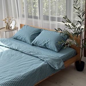 Stripe Blue Bedding Set: Duvet Cover, Sheet Pillowcases, 100% Cotton Duvet Cover, Custom Sizes and Color