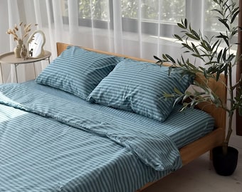 Stripe Blue Bedding Set: Duvet Cover, Sheet Pillowcases, 100% Cotton Duvet Cover, Custom Sizes and Color