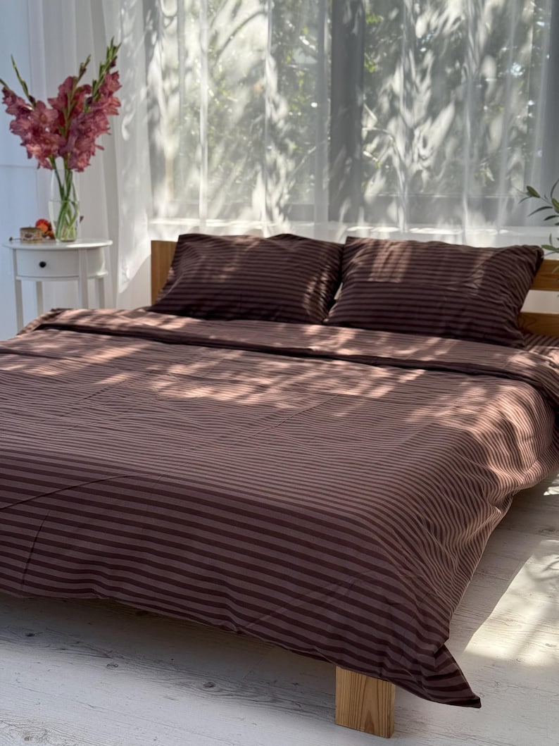 Brown Bedding Set 4 pc, Striped Duvet Cover King Queen Full and Custom, Cotton Fitted Sheet, Farmhouse Bed Set image 2
