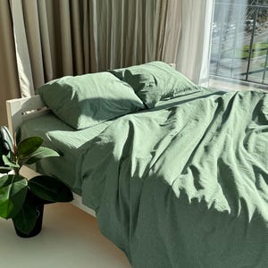 Sage Green Cotton Sheet Set with Pillow Cases, 100% Natural Flat and Fitted Sheets, Twin Full Queen King Bedding Sizes