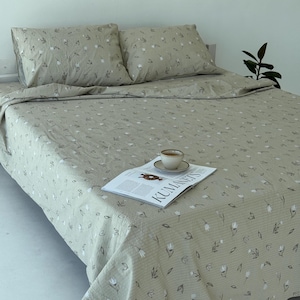 Floral beige cotton bedding set – Sheet set with flowers, King or Queen size bed set, Double bedding set Full, grandma Birthday gift