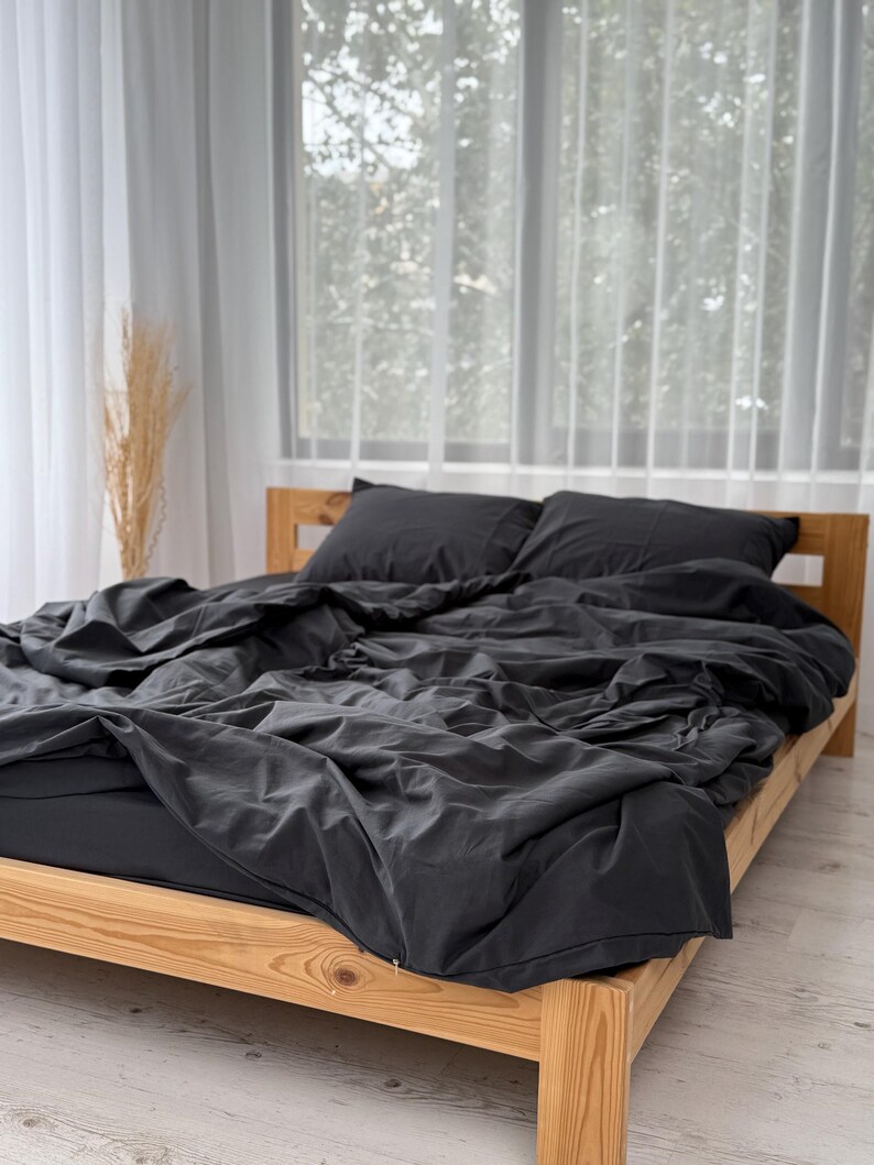 Charcoal Gray Duvet Cover Set King Queen, Soft Washed Cotton Bedding, Minimalist Comforter Cover image 7