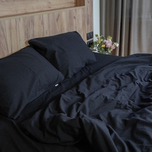 Svart kokt bomullsbäddset - Klassiska örngott och lakan, ekologisk bomullssängkläder - Lakanset i king size eller queen size, fars dag-present