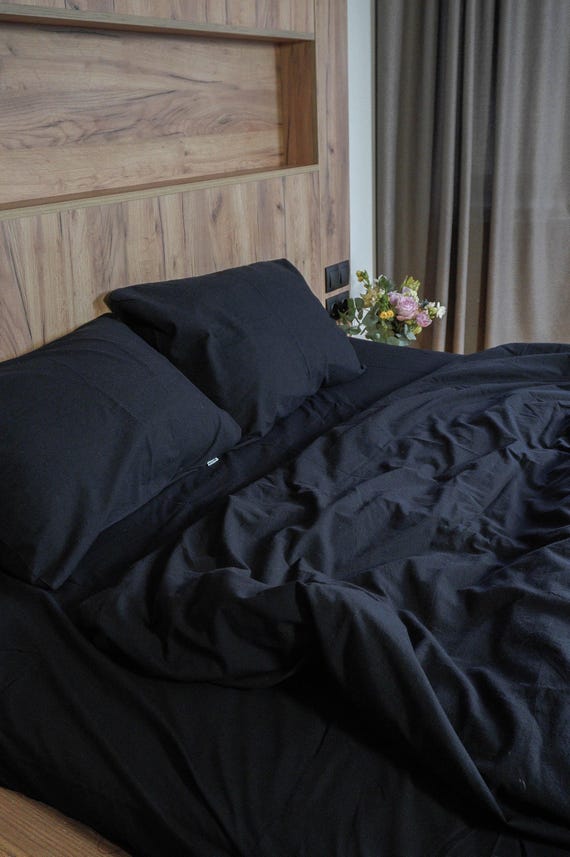 Schwarze gekochte Baumwolle Bettwäsche - Klassische Kissenbezüge und Bettwäsche, Bettwäsche aus Bio-Baumwolle - Kingsize- oder Queen-Size-Bettlaken-Set, Vatertagsgeschenk
