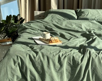 Sage Green Cotton Duvet Cover, Organic Quilt Cover with Inside Corner Ties, Soft Breathable Bedding, Custom Size and Color