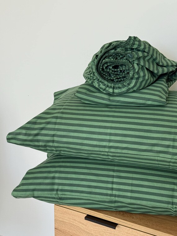 Sage Green Bed Sheets Set: Flat and Fitted, Soft Organic Striped Cotton Bedsheet Set - Twin XL Full Queen King