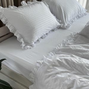 White Duvet Cover Set with Ruffle Pillowcases, Striped Cotton Flat or Fitted Sheet, Soft Minimalist Bedding Set