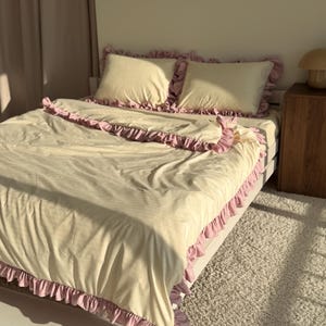 Ivory Striped Bedding Set with Ruffles, Cotton Duvet Cover & Bed Sheet Queen King Size, Aesthetic Cottagecore Decor