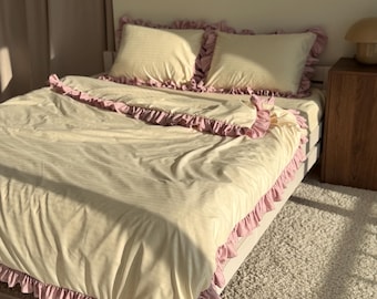 Ivory Striped Bedding Set with Ruffles, Cotton Duvet Cover & Bed Sheet Queen King Size, Aesthetic Cottagecore Decor