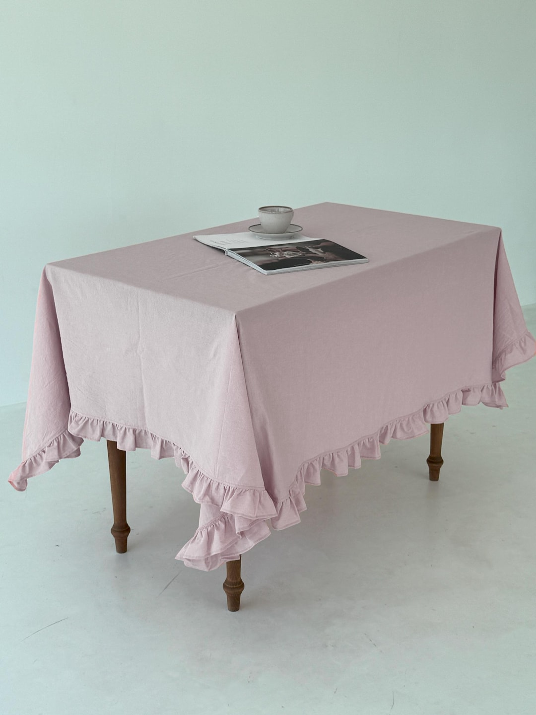 Pink Ruffle Tablecloth Dusty Rose Cotton Table Cloth Ruffles, Boho Kitchen or Living Room ...