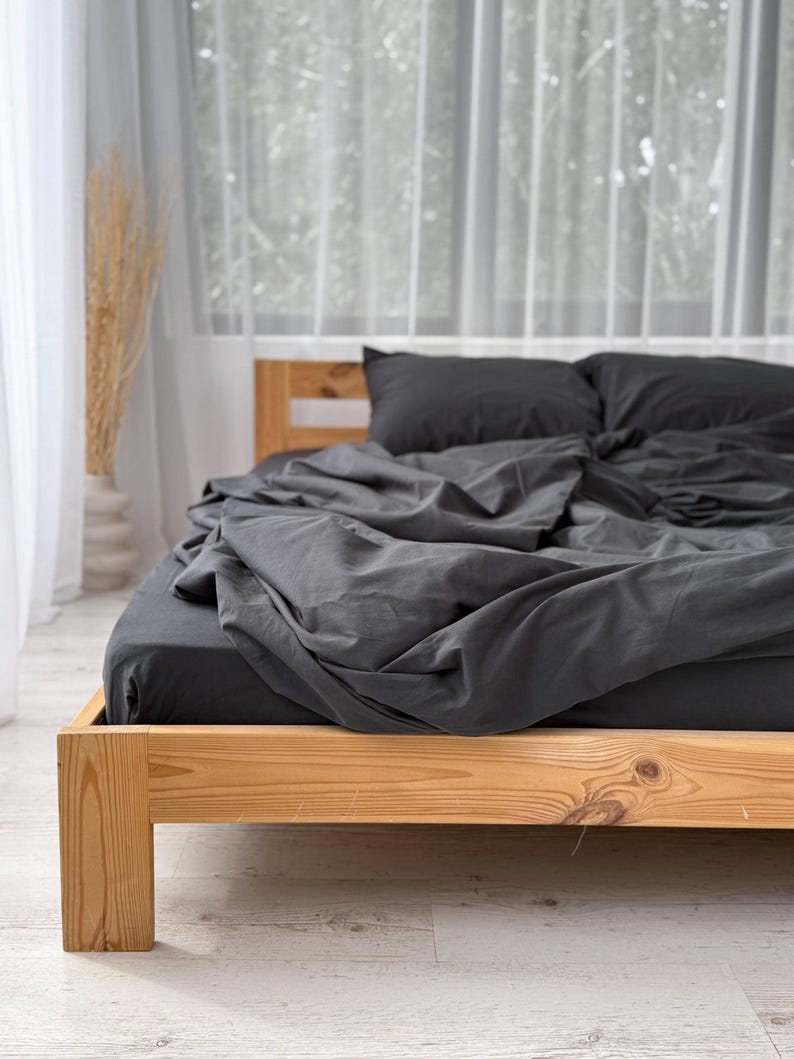 Charcoal Gray Duvet Cover Set King Queen, Soft Washed Cotton Bedding, Minimalist Comforter Cover image 8