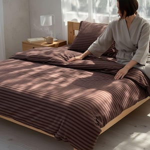 Striped Cotton Sheet Set: Flat and Fitted Brown Bedding Twin to California King Size