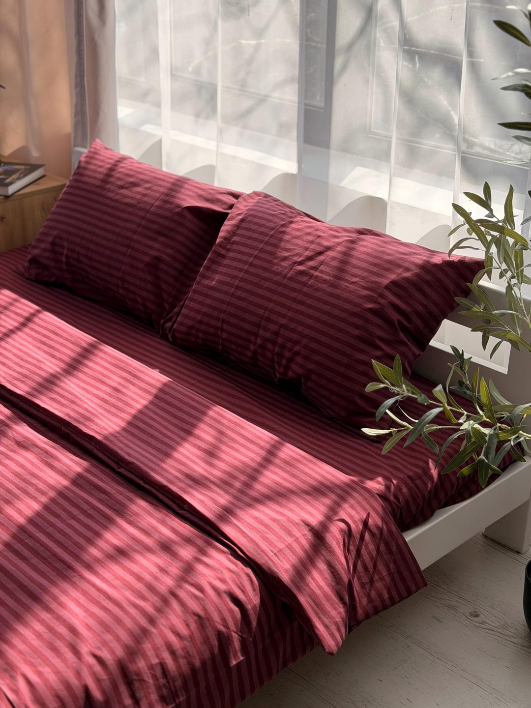 Striped Burgundy Bedding 4pcs, Queen Duvet Cover, Flat or Fitted Sheet and Pillow Covers, 100% Organic Cotton, Custom Sizes - Etsy