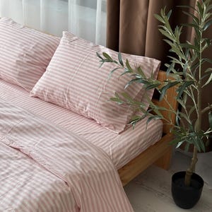 Single Flat Sheet Cotton Set of 2pc - Flat and Fitted Striped Organic Bed Sheets, Queen King and Custom Size