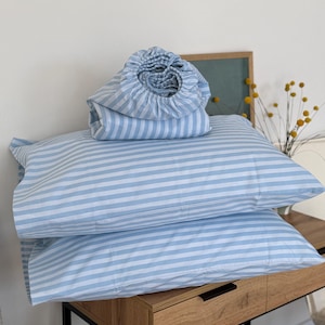 Blue Cotton Bed Sheet Set: Flat and Fitted Sheets - Twin Full Queen King, Organic Striped Bedsheets, Custom Size